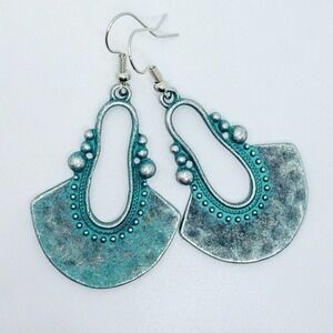 Statement Boho Earrings | Rustic Patina Blue Silver Fan Dangle Lightweight​